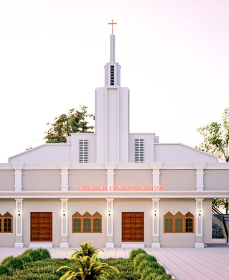 Front view of Church of Shine India building with cross and architectural pillars in Nagercoil
